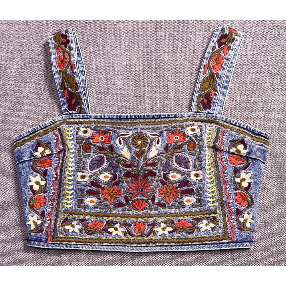 Jacquie The Label Bustier Top Women Medium Blue Denim Floral Embroidered Cropped